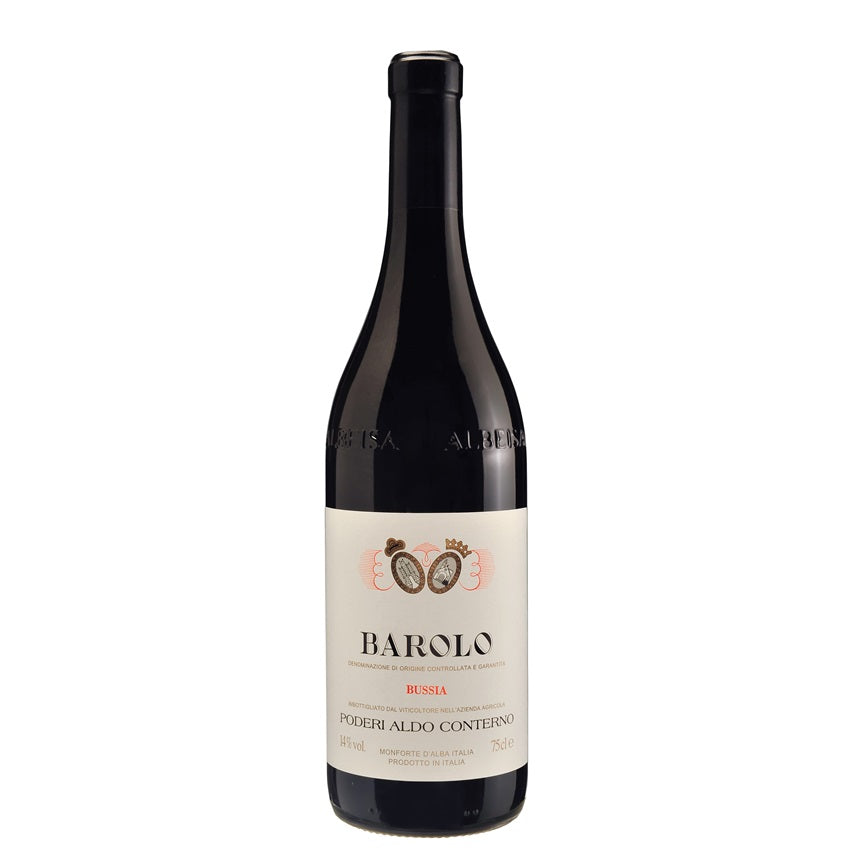 A bottle of Conterno Bussia Barolo 2020, available at our Palm Springs wine store, Perry's.