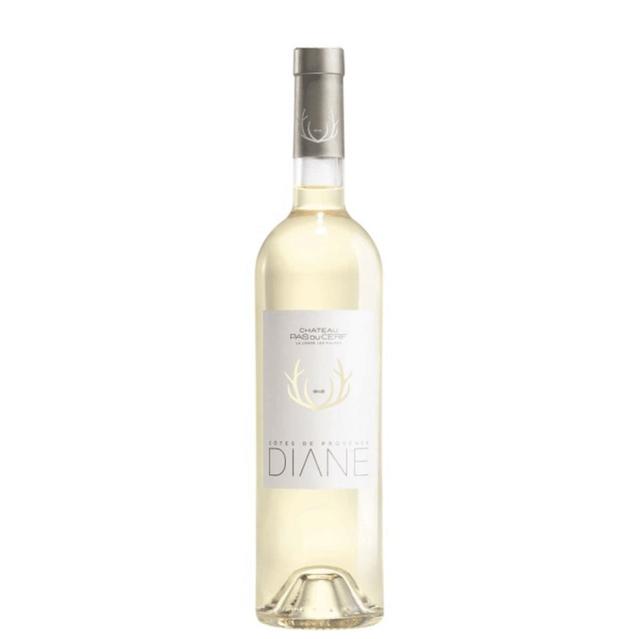 A bottle of Diane white wine with a clear glass body showing the pale yellow liquid inside, a white label with gold antler graphics and the brand name 'DIANE', and a metallic silver screw cap, isolated on a white background.